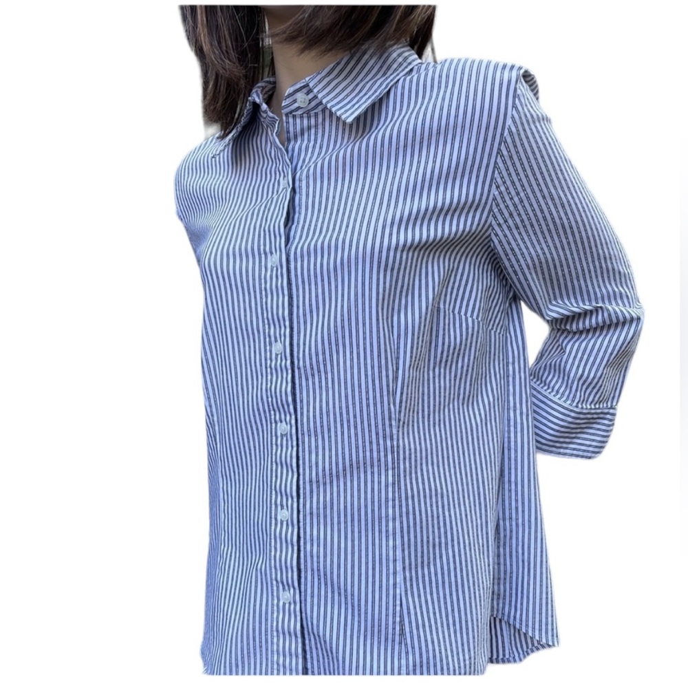 Covington 3/4 sleeve Blue White Glitter Pin Stripe Blouse Size Large - Picture 10 of 11